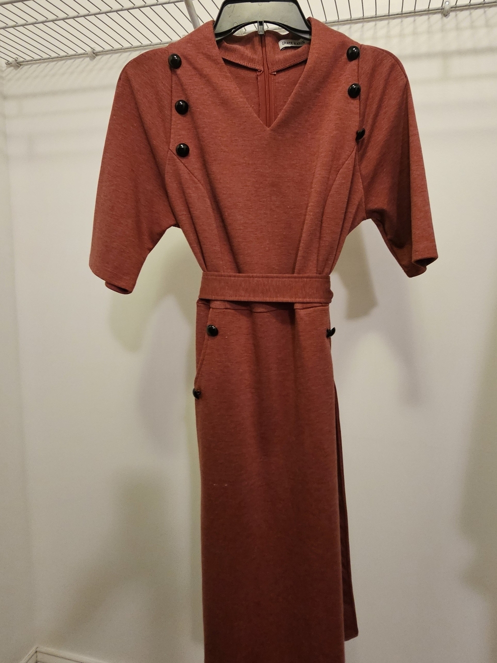 Dress Women's Rust Jacquard like Button-Accent Belted Dress